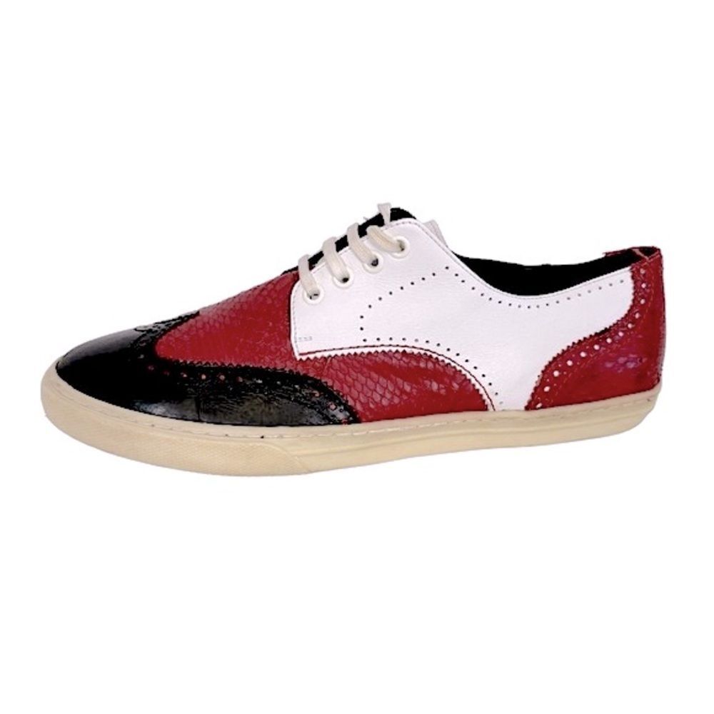 FRANCO CUADRA Black White Leather Red Snakeskin Brogue Style Sneaker